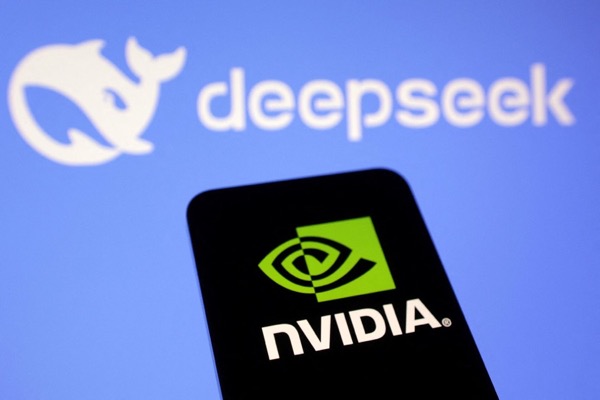 The DeepSeek whale logo on a screen behind a phone showing the NVIDIA logo